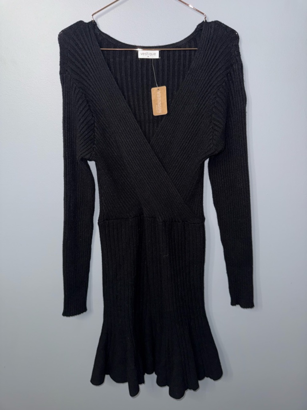 vestique Black Ribbed Wrap Knit Long Sleeve Dress